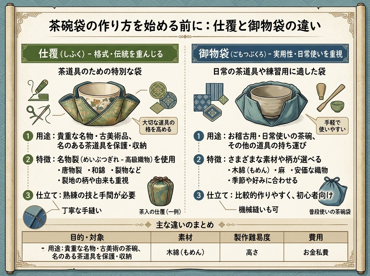 茶碗袋の作り方を始める前に：仕覆と御物袋の違い