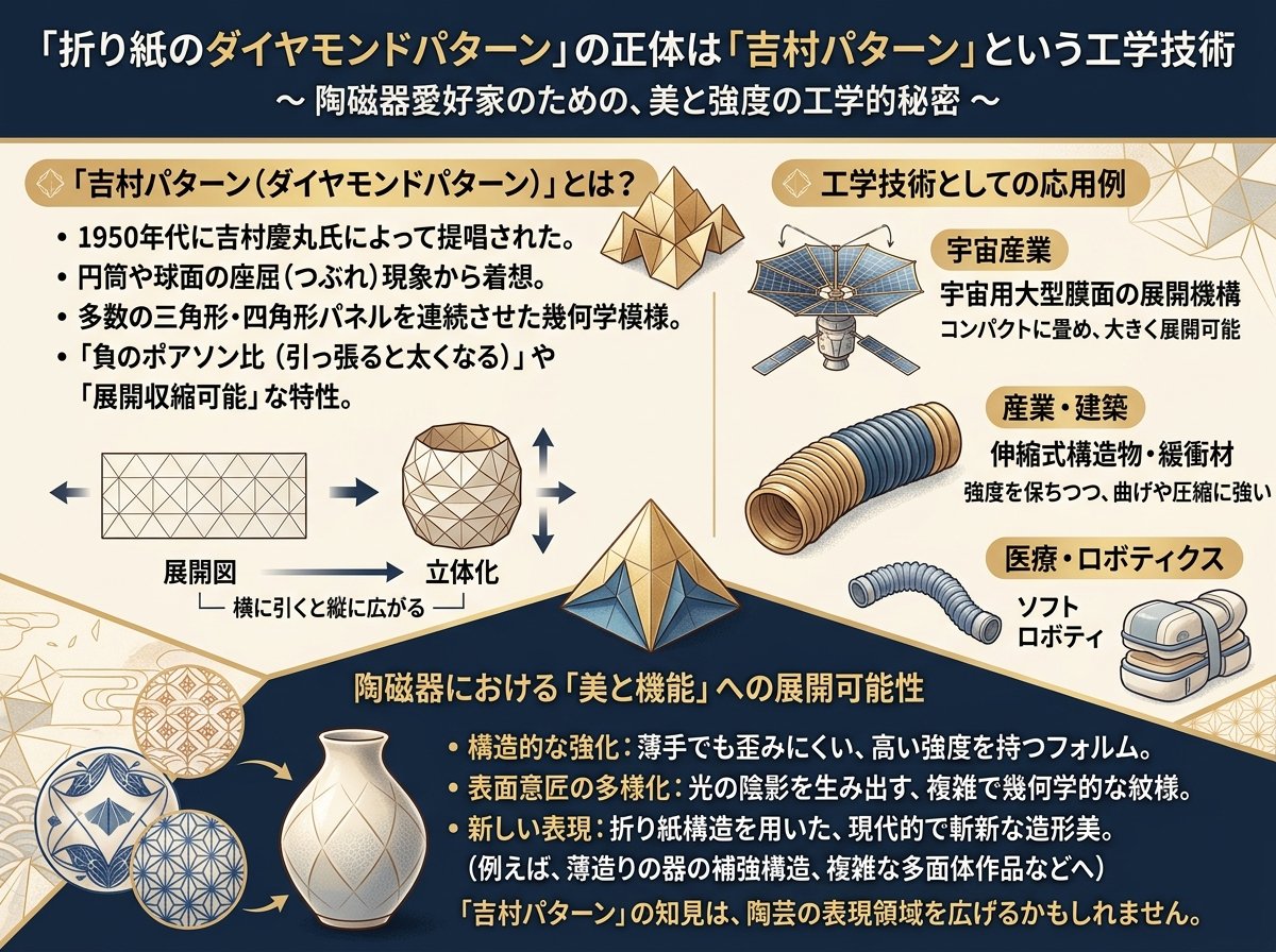 ダイヤモンドパターン折り紙の正体は「吉村パターン」という工学技術