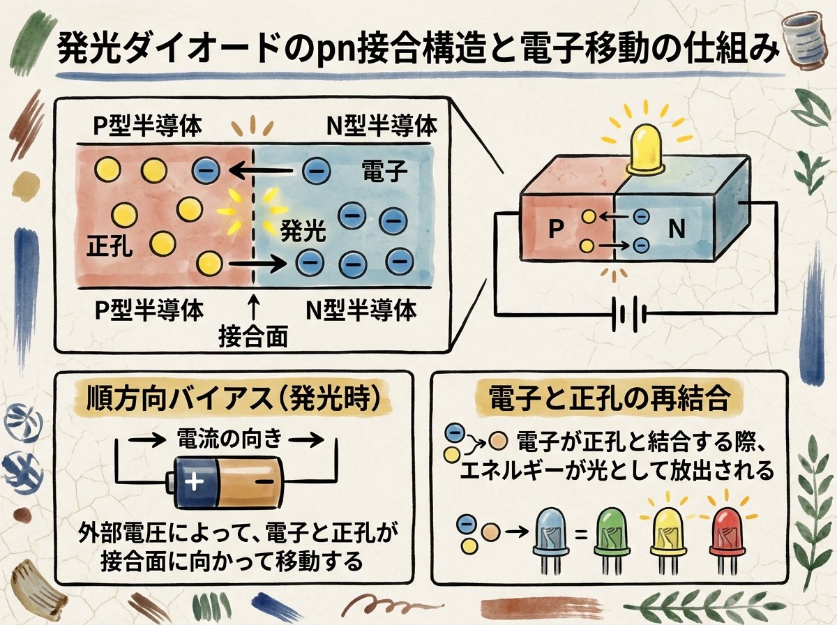 発光ダイオードのpn接合構造と電子移動