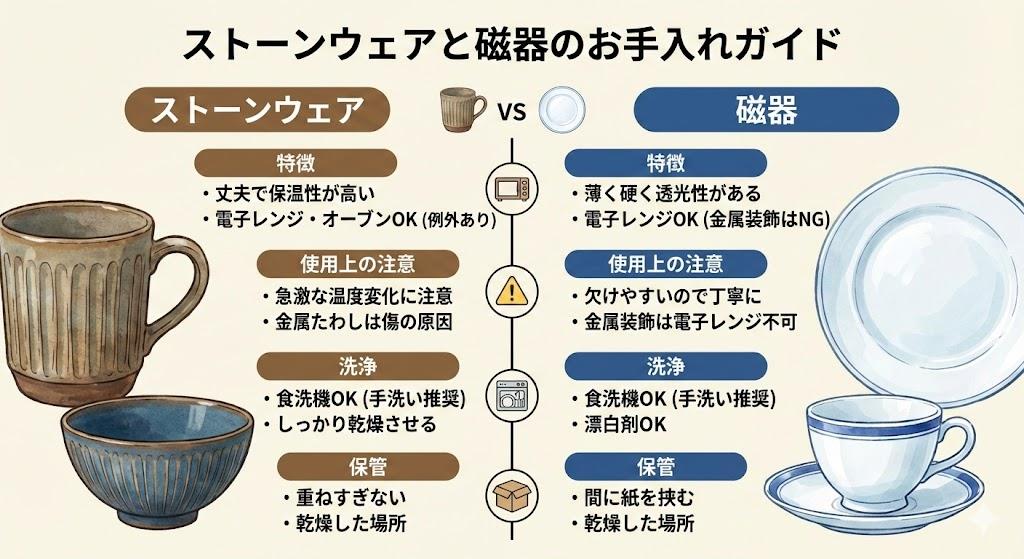 ストーンウェアと磁器の手入れ方法