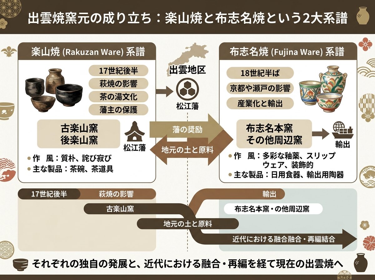 出雲焼窯元の成り立ち：楽山焼と布志名焼という2大系譜