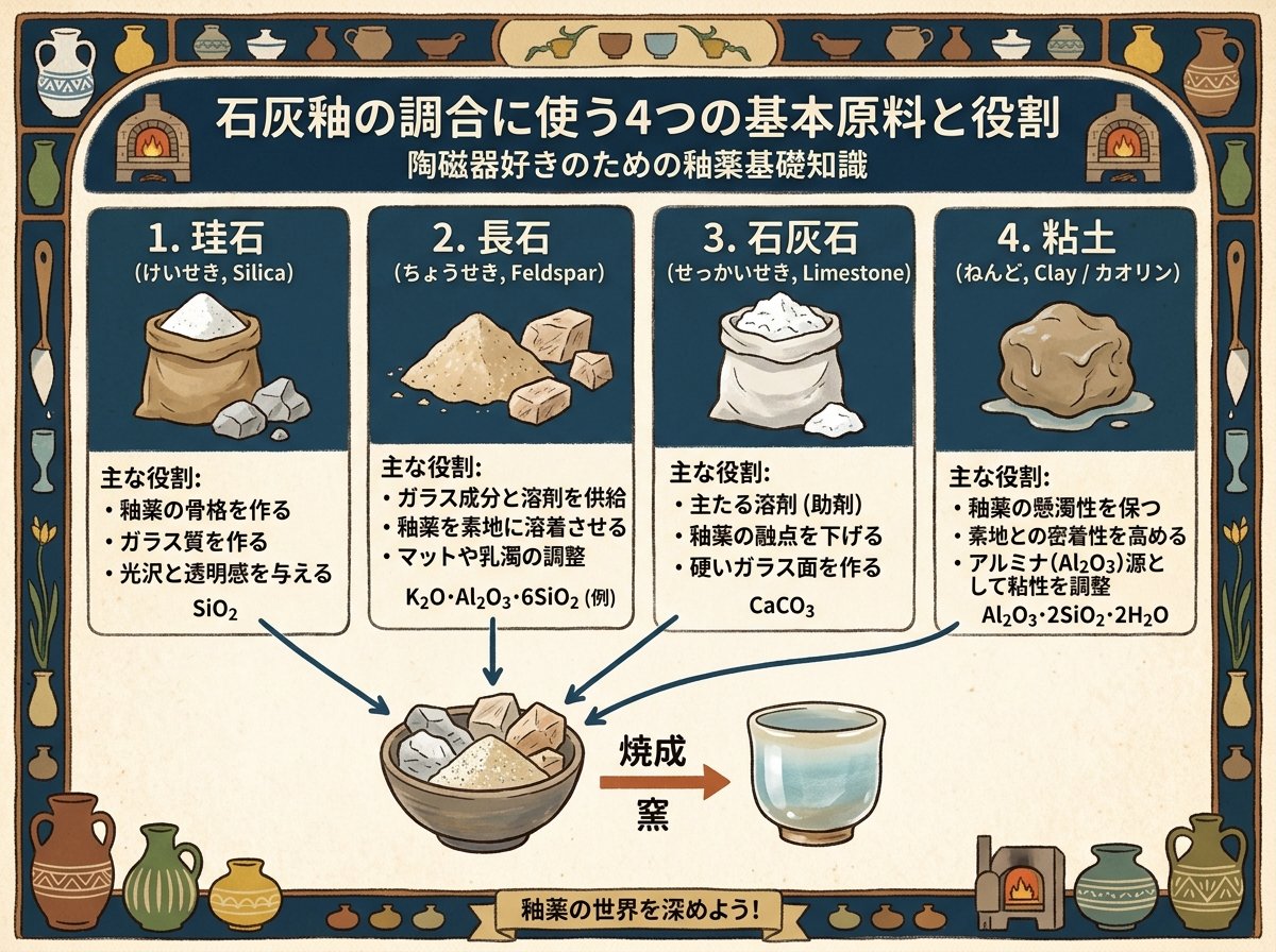 石灰釉の調合に使う4つの基本原料と役割