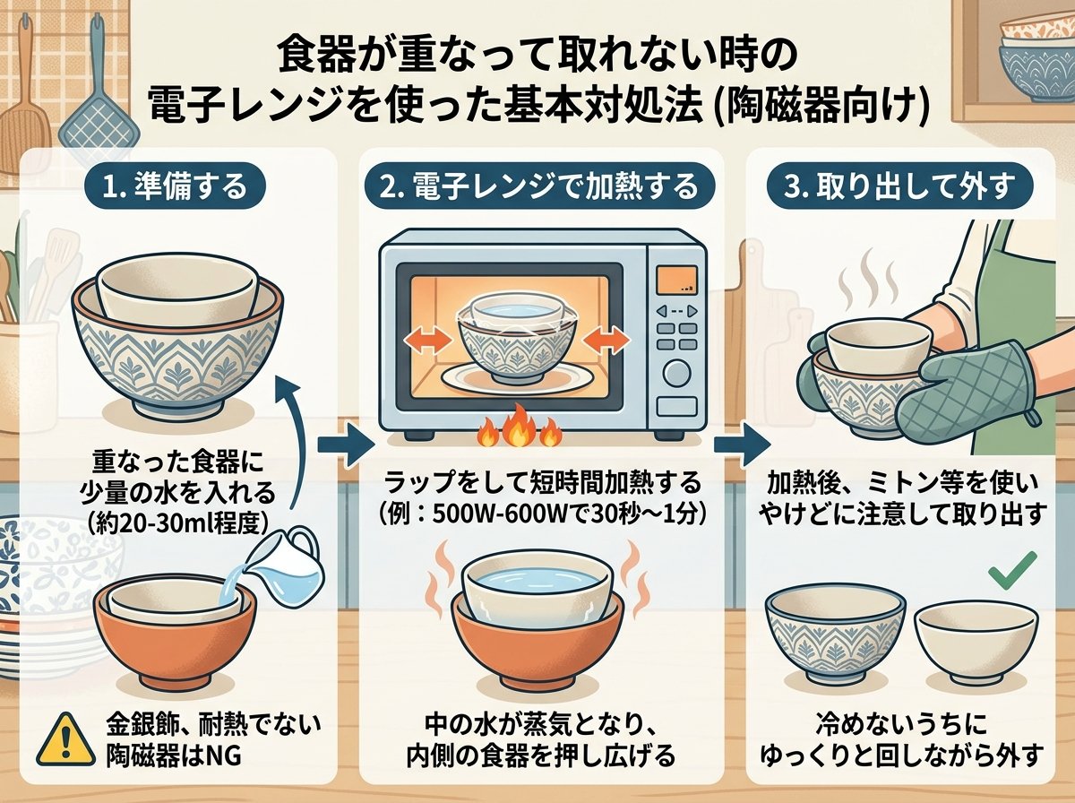 食器が重なって取れない時の電子レンジを使った基本対処法