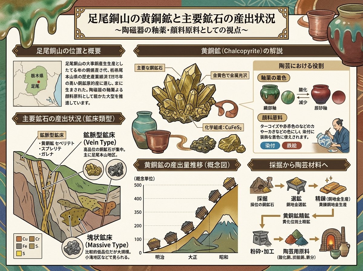 足尾銅山の黄銅鉱と主要鉱石の産出状況