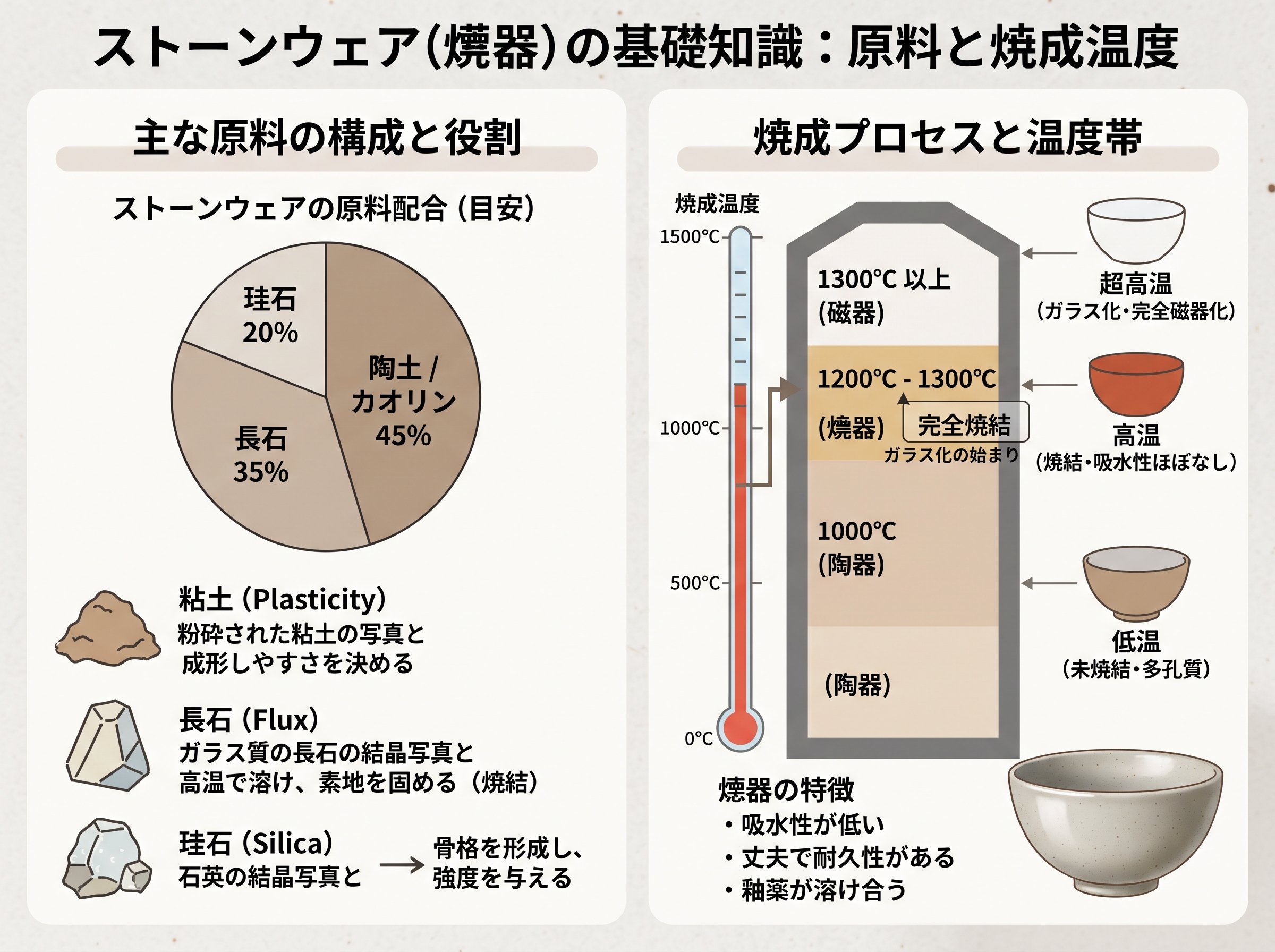 ストーンウェアの原料と焼成温度