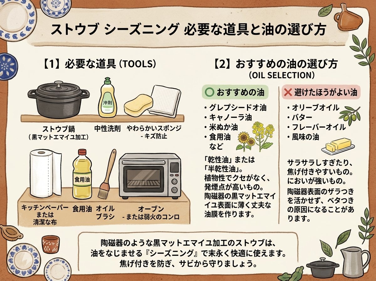 ストウブシーズニングに必要な道具と油の選び方
