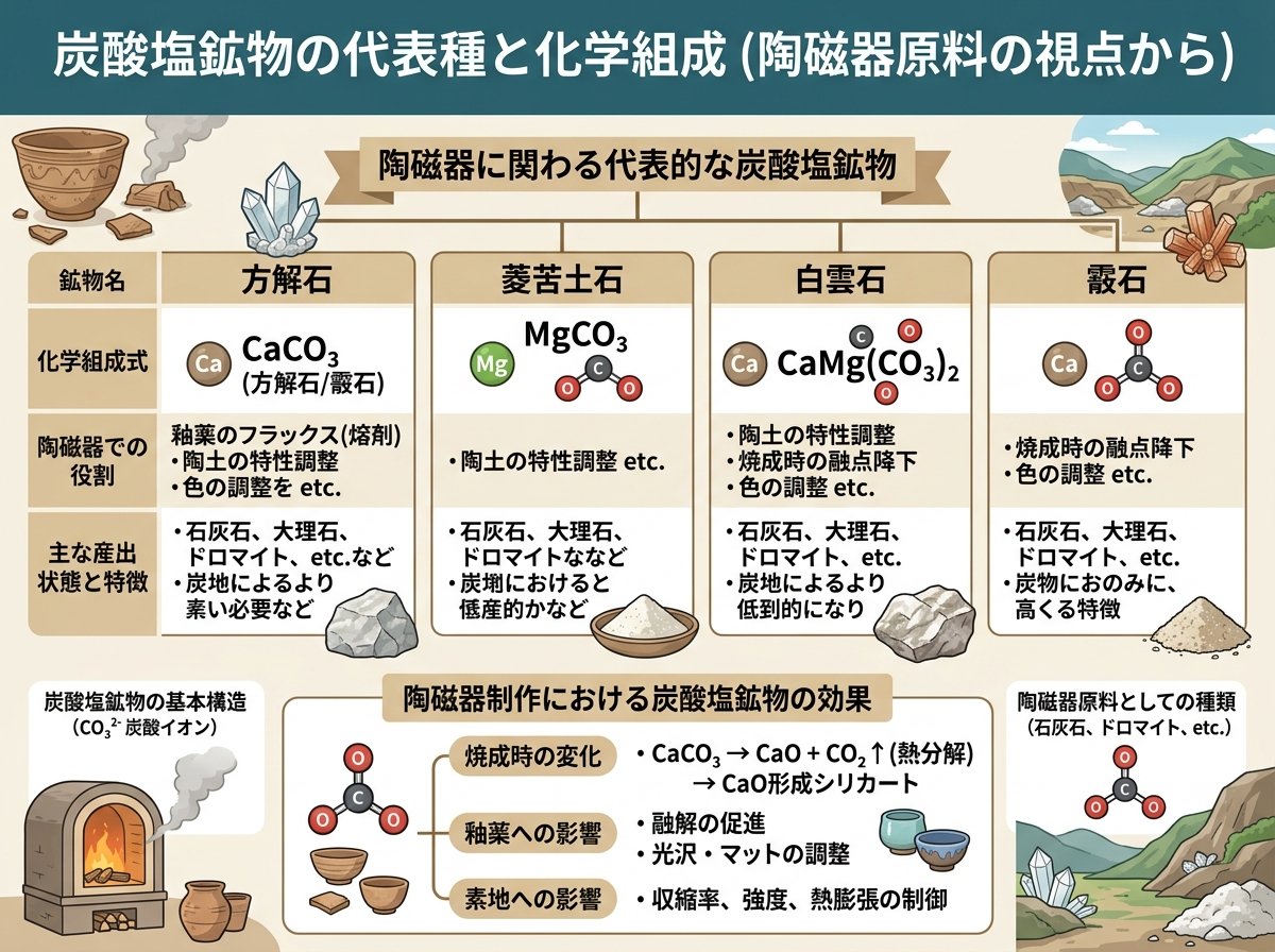 炭酸塩鉱物の代表種と化学組成
