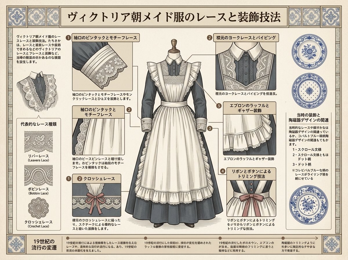 ヴィクトリア朝メイド服のレースと装飾技法