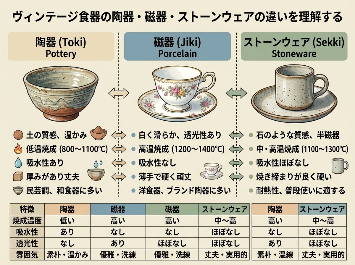 ヴィンテージ食器の陶器・磁器・ストーンウェアの違いを理解する
