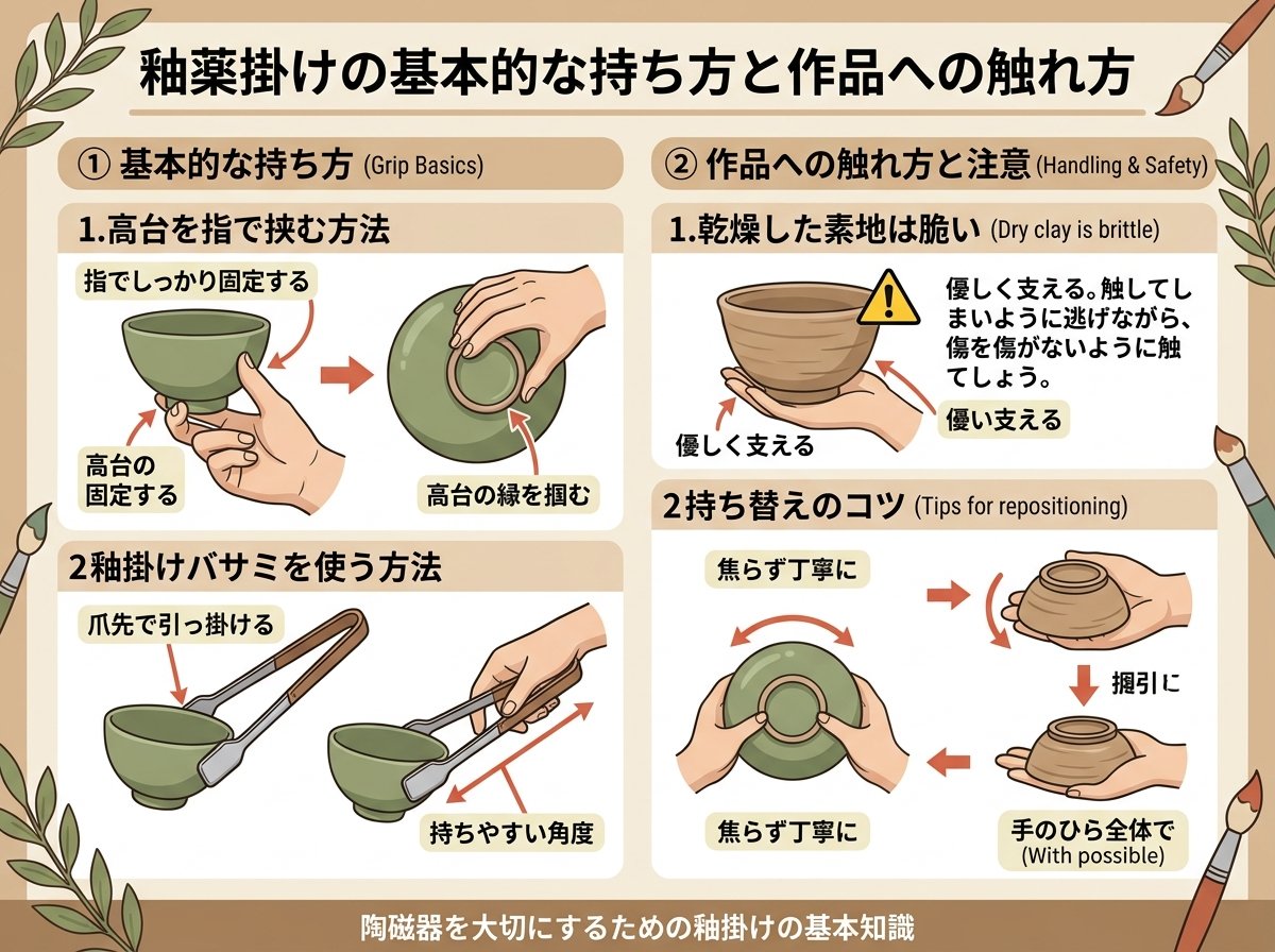 釉薬掛けの基本的な持ち方と作品への触れ方