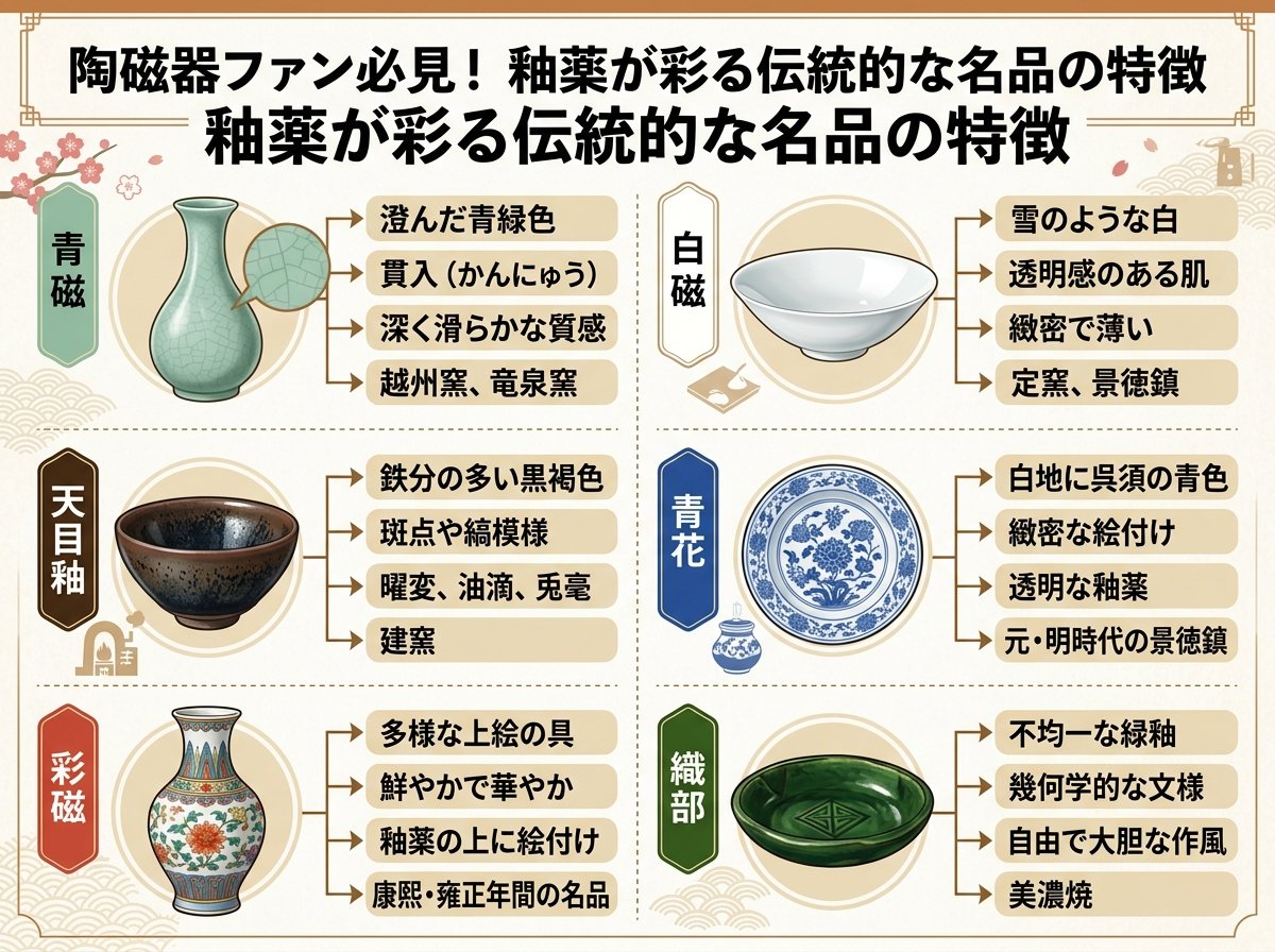 釉薬種類における伝統的な名品の特徴